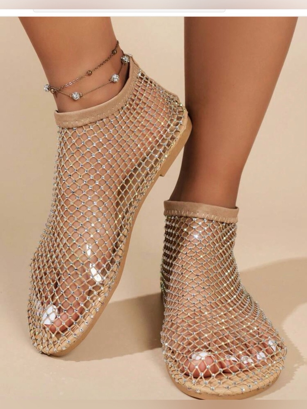 Rhinestone Fishnet Mesh Flats Nude Crystal Ballet Shoes | Size 11/EU 43 (New)
